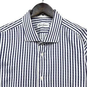 Robert Graham Men's Sz 48/19 White/Navy Striped Flip Cuff Cotton Dress Shirt euc